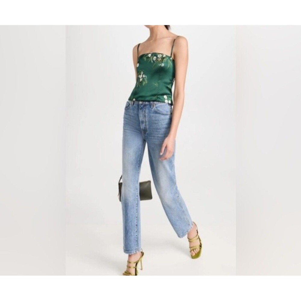 Reformation Overland Silk Floral Daisy Cami Top Green Smocked Back Size 0